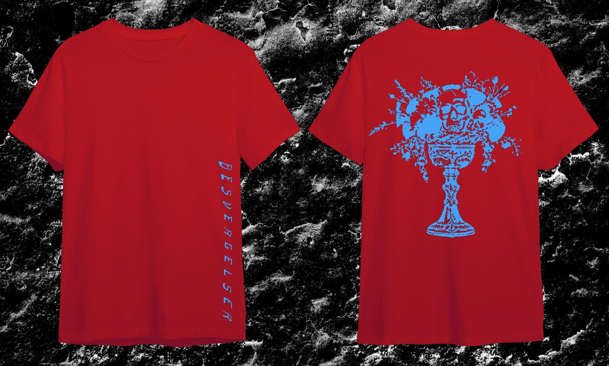 Red t-shirt with blue emblem on the front spelling Besvergelser and blue emblem on the back containing a cup, skull and flowers